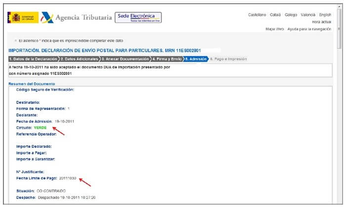 Formulario DUA - Acceso a Formulario - Circuito verde - fecha limite de pago