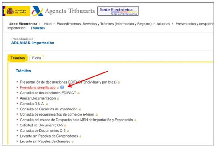 Formulario DUA - Acceso a Formulario - Formulario simplificado