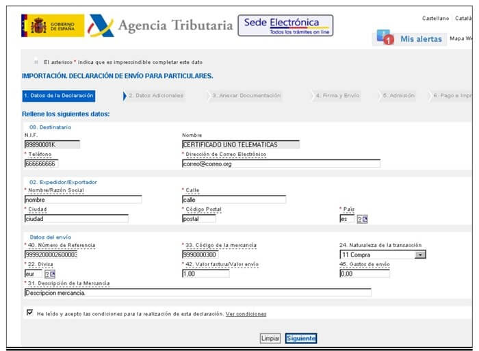 Formulario DUA - Acceso a Formulario - Datos de la declaración